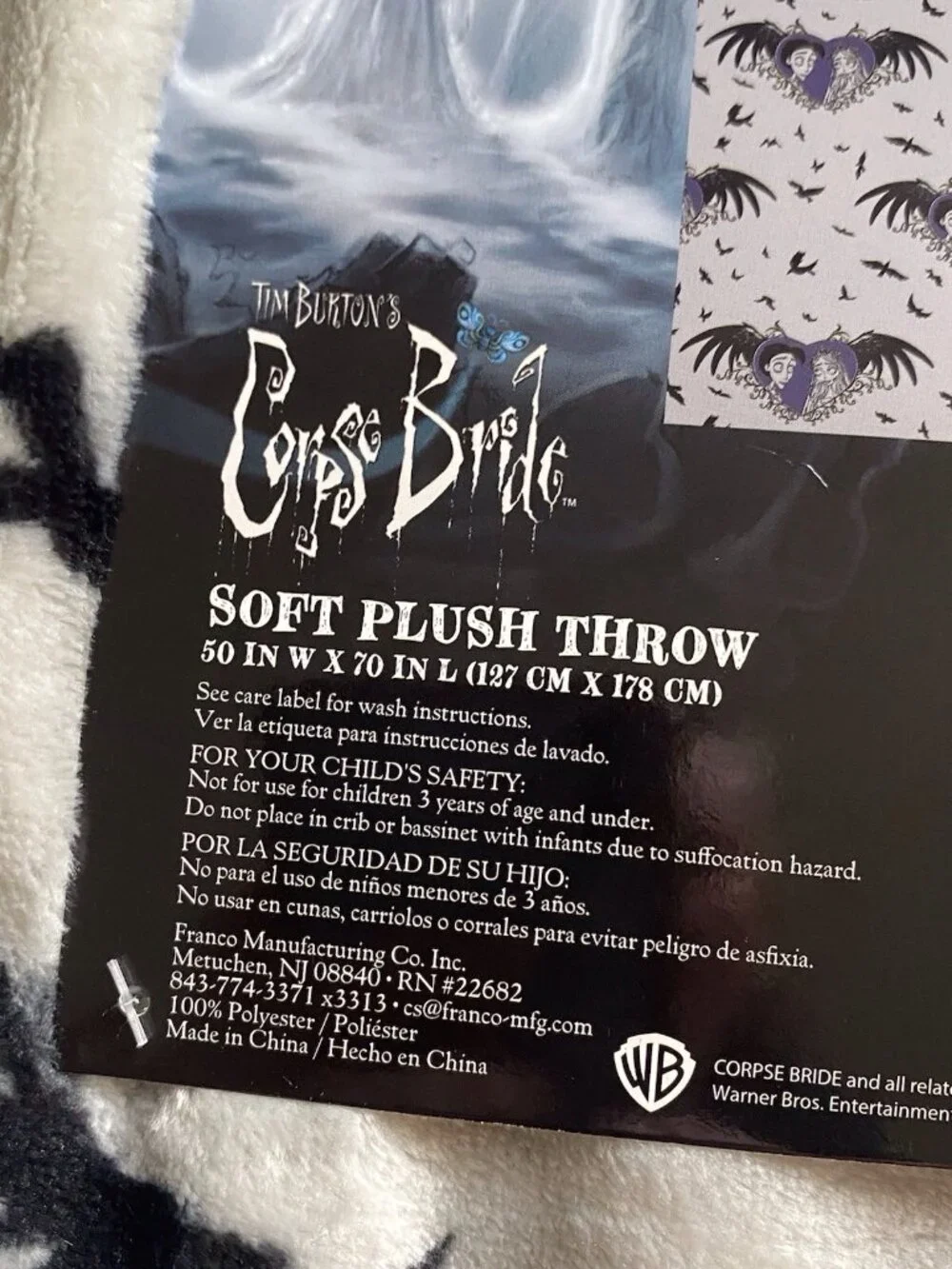 TIM BURTONS CORPSE BRIDE & Victor SOFT PLUSH THROW 50” X 70” Halloween Grey NEW